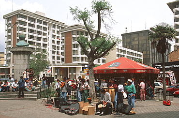 The Banking District along Avenida Amazonas near the intersection with Patria in an area of shops and hotels, Quito, Ecuador