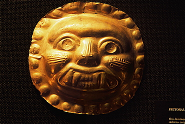 La Tolita Culture, c 500BC to 500AD Gold Ornamental mask, in the collection of the Banco Central de Ecuador in Quito, Ecuador