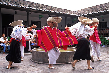 Hacienda Chorlavi outside of town of Ibarra, north of Otavalo Mother's Day celebration in the hacienda's patio with folk dancers, North of Quito, Highlands, Ecuador