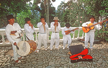 Hacienda Pinsaqui hacienda now hotel north of Quito musicians with trad instruments 'queno' flutes and 'rondador' panpipes, Colonial Architecture, Ecuador