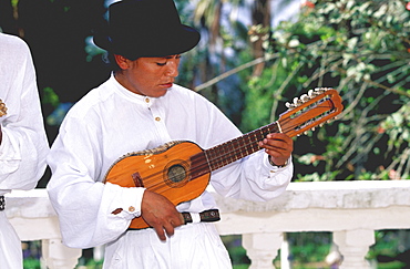 Hacienda Pinsaqui hacienda now hotel north of Quito musician with a traditional 'charango' small stringed instrument, Colonial Architecture, Ecuador