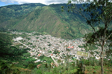 Banos resort, famous hot springs and pilgrimage distination in semitropical area in central Ecuador overview of town, Highlands, Ecuador