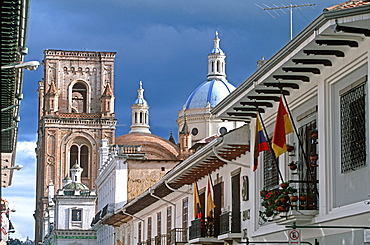 Cuenca World Heritage City & Ecuador's third largest city, famous for its colonial architecture Cathedral Tower, dome and colonial buildings, Highlands, Ecuador