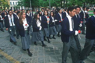 Cuenca World Heritage City & Ecuador's third largest city, highschool students in procession to Cathedral for special mass just for students, Highlands, Ecuador