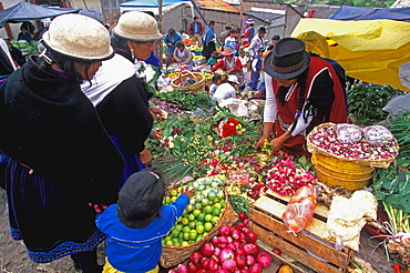 The main produce market in Canar a town north of Cuenca and home of the Canari Indians recognized by woman's distinctive round hat, Highlands, Ecuador