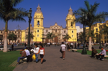 The Cathedral built in 1564-1625, on the Plaza de Armas which contains the tomb of Francisco Pizarro the conqueror of the Incas, Colonial Architecture, Lima, Peru