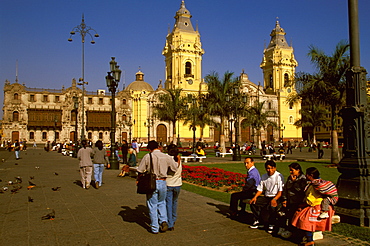 The Cathedral built in 1564-1625, on the Plaza de Armas which contains the tomb of Francisco Pizarro the conqueror of the Incas, Colonial Architecture, Lima, Peru