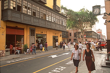 Well preserved colonial buildings with traditional wooden balconies on Calle Junin near the Plaza de Armas, Colonial Architecture, Lima, Peru