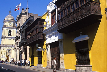 A colonial mansion with fine wooden balconies houses the L'Eau Vive Restaurant run by French speaking nuns on Jiron Ucayali, Colonial Architecture, Lima, Peru