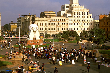 Plaza San Martin, with a statue of San Martin Peru's Independence Hero, it is the hub of the modern city and site of political rallies, Lima, Peru