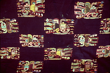 Paracas Culture, 300BC-100AD, funerary wrap with fantastic zoomorphic figures finest Pre-Columbian textiles Archaeology Museum, Lima, Peru