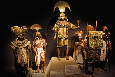 Gold Artifacts Moche (Mochica) Culture, 100 to 700AD, NCoast Lord of Sipan Tomb, c300AD reconstruction of Lord in ornaments denoting power and rank, Peru