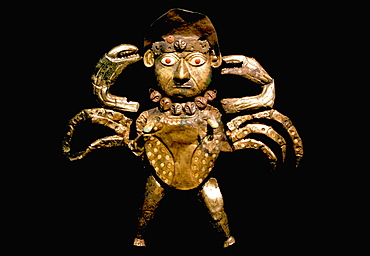 Gold Artifacts Moche (Mochica) Culture, 100 to 700AD, NCoast 'crab man' from Old Lord of Sipan Tomb, 200AD, gilded copper figure of divinity of the sea, Peru