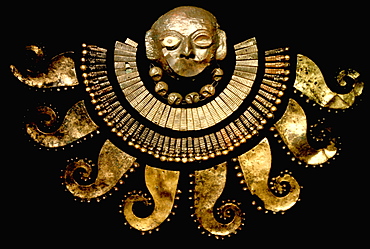 Gold Artifacts Moche (Mochica) Culture, 100 to 700AD, NCoast funeral mask from the Old Lord of Sipan Tomb, 200AD, with gilded pectoral of Octopus arms, Peru