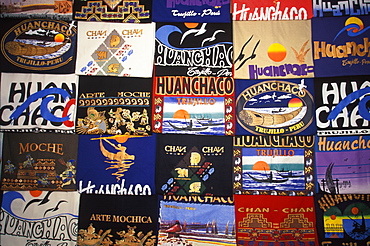 T-shirts for sale at vendor stall on the beach at Huanchaco near Trujillo, North Coast, Peru