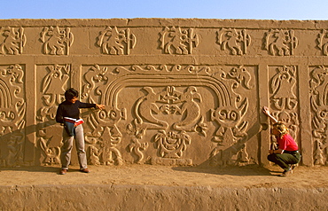 Chimu Culture Chan Chan, 1300-1468AD, capital and world's largest adobe city on 20 sqkm near Trujillo relief in Huaca del Dragon (Rainbow Temple), Peru