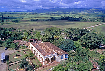 Aerial view of historic sugar plantation in Iznaga in Sancti Spiritus Province taken from tower used to oversee workers, Cuba