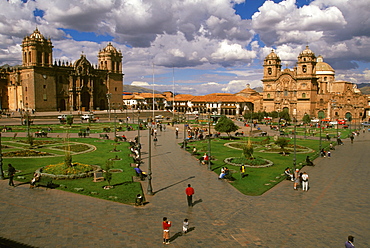 Ancient capital of the Incas the colonial center and the Plaza de Armas with the Cathedral and La Compania Church, Cuzco, Highlands, Peru