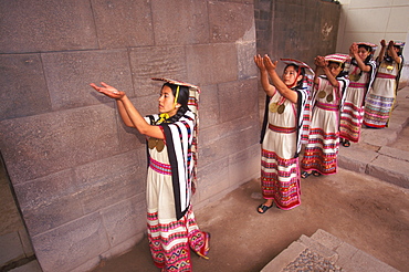 Coricancha or Inca Sun Temple within the walls of Santo Domingo Churchreenactment of Inca ceremony with mamaconas (chosen women), Cuzco, Peru