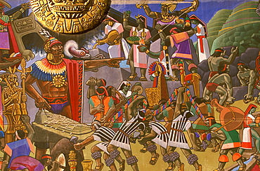 Mural by Juan Bravo, c1995, depicting the history of the Incan Civilization Pachacutec Yupanqui directing construction of Cuzco, Peru