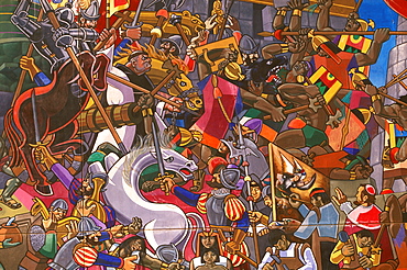 Mural by Juan Bravo, c1995, depicting the history of the Incan Civilization Invasion of Pizarro and the Spanish Conquistadors, Cuzco, Peru