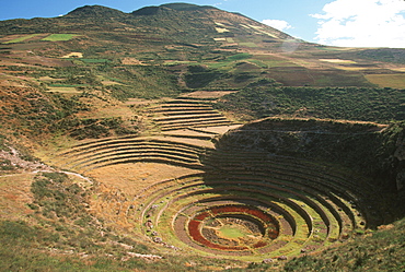 Circular agricultural terraces at Moray near Cuzco where the Incas experimented with plants from different parts of their empire, Highlands, Peru