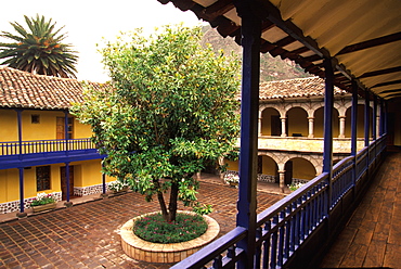 In the Sacred Valley of the Incas the Colonial Hacienda at Yucay, now a hotel with a beautiful courtyard, Cuzco area, Highlands, Peru