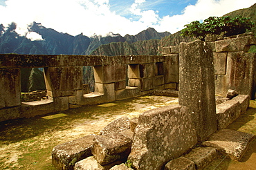 Machu Picchu the ancient city with the Temple of the Three Windows in the Sacred Precinct, Highlands, Peru