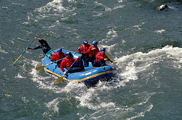 Tourists rafting the rapids of the Urubamba River in the Sacred Valley of the Incas near the town of Ollantaytambo, Highlands, Peru