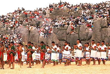 Inti Raymi the procession of warriors during the Incan Festival of the Sun, held at Sacsayhuaman, above Cuzco on June 24th, Peru