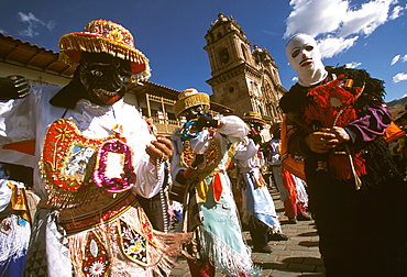 Corpus Christi is one of Peru's most famous festivals, costumed dancers perform the Pablucha dance in 's Plaza de Armas, Cuzco, Peru