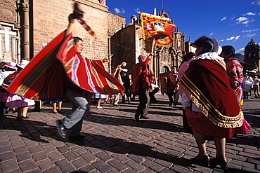 Corpus Christi is one of Peru's most famous festivals, costumed dancers perform a colonial dance in 's Plaza de Armas, Cuzco, Peru