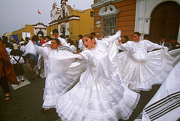 A colonial city on Peru's north coast the Tribute to the Flag Parade on Plaza de Armas dancers in colonial dress typical of Trujillo, Trujillo, Peru