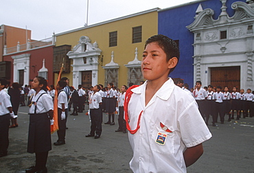 A colonial city on Peru's north coast the Tribute to the Flag Parade on Plaza de Armas students in formation before parade, Trujillo, Peru