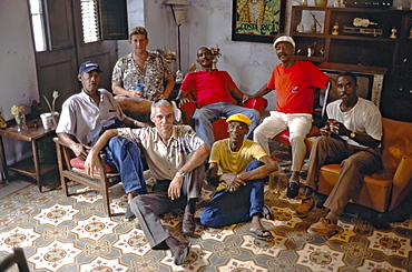 Group portrait of musicians, members of the Cuban rumba (rhumba) group, Yoruba Andabo in Regla (rumba is Afro-Cuban dance origin), Cuba