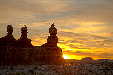 The Three Judges at sunrise, Goblin Valley State Park, Utah, United States of America, North America