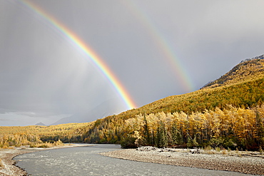 Rainbow with fall colors near King Mountain State Recreation Area and Chickaloon, Alaska, United States of America, North America