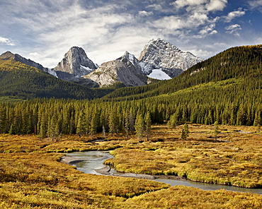 Alpine scene in the fall with Smutts Creek, Commonwealth Peak on left, Pigs Tail (Sharks Tooth) in the center and Mount Birdwood on the right, Peter Lougheed Provincial Park, Kananaskis Country, Alberta, Canada, North America