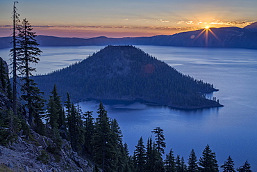 Sunrise over Crater Lake and Wizard Island, Crater Lake National Park, Oregon, United States of America, North America 