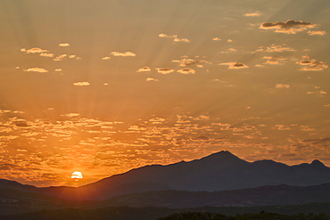 Sunrise over stacked hills, Namaqua National Park, Namakwa, Namaqualand, South Africa, Africa