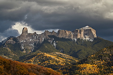 Courthouse Mountain from Owl Creek Pass in the fall, Uncompahgre National Forest, Colorado, United States of America, North America