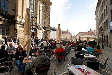 Street cafes in front of Frauenkirche, Dresden, Saxony, Germany, Europe