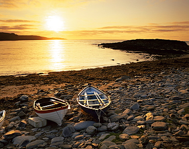 Boats on Norwick beach at sunrise, Unst, Shetland Islands, Scotland, United Kingdom, Europe