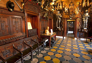 Barbaric-looking entrance hall, in the house built to Sir Walter Scott's plan and where the writer lived from 1812 until his death 20 years later, Abbotsford House, near Melrose, Scottish Borders, Scotland, United Kingdom, Europe