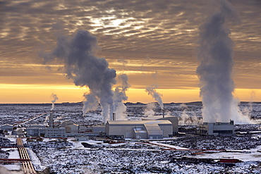 Svartsengi (Blue Lagoon) Geothermal Power Station at sunset, Grindavik, Reykjanes Peninsula, Iceland, Polar Regions