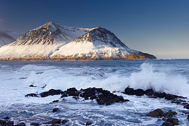 View across Njardvik Bay, with Kerlingarfjall, Tdarfjall and Skjaldarfjall mountain tops visible, Borgarfjordur Eystri fjord, East Fjords area, Iceland, Polar Regions