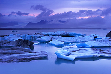 Icebergs in Jokulsarlon glacial lagoon, at dusk, Oraefajokull (Vatnajokull) glacier in the distance, East Iceland, Iceland, Polar Regions