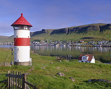 Tvoroyri village and lighthouse, Suduroy, Suduroy Island, Faroe Islands (Faroes), Denmark, Europe