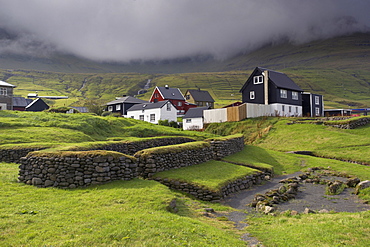 Viking longhouse dating from the 10th century, archaeological site of Toftanes, village of Leirvik, Eysturoy Island, Faroe Islands (Faroes), Denmark, Europe