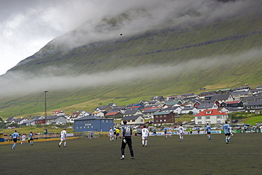 Football match at Nordragota, Eysturoy, Faroe Islands (Faroes), Denmark, Europe